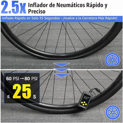 Vista 3 de Mini bomba de neumáticos para bicicleta, máximo 150 PSI, bomba de bicicleta de inflado rápido de 25 s con calibre, inflador eléctrico de neumáticos