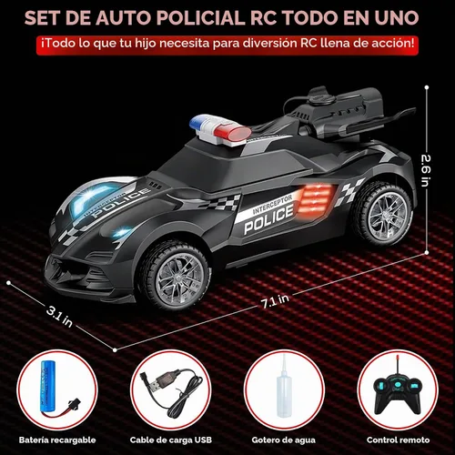 Vista 5 de Coche de policía de juguete con control remoto con efecto de humo y luces LED, auto RC recargable rápido para niños, neumáticos de goma