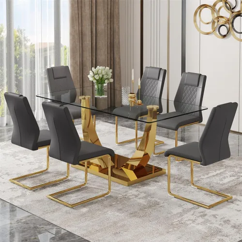 Vista 33 de Juego de mesa de comedor de cristal de 63 pulgadas para 4, mesa de comedor para 4, mesa de comedor con patas y base de acero inoxidable, sillas