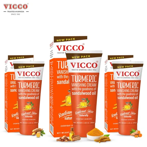 Vista 2 de Vicco Crema desaparecedora de cúrcuma con aceite de sándalo 70 años Legacy of Ayurveda, con cúrcuma para el cuidado diario de la piel, fórmula