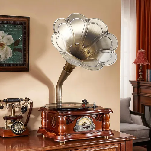 Vista 11 de Tocadiscos vintage de madera para gramófono, tocadiscos de fonógrafo retro, tocadiscos de 3 velocidades para discos de vinilo con reproducción
