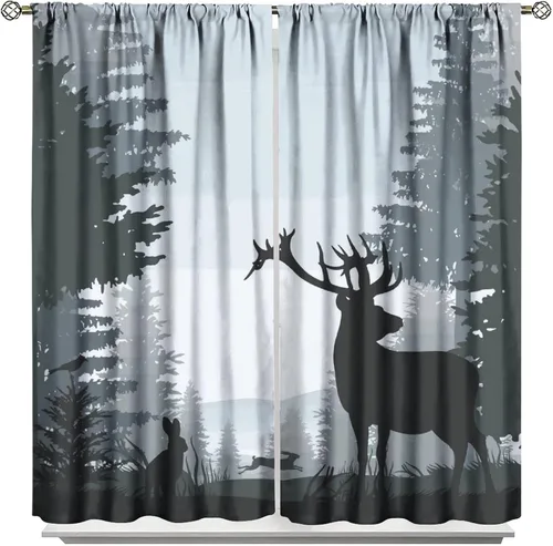 Vista 25 de Cortinas opacas con diseño de ciervos, bosque brumoso, rústico, vida silvestre, alce, montaña, pájaros, pino, bosque, cortinas de ventana