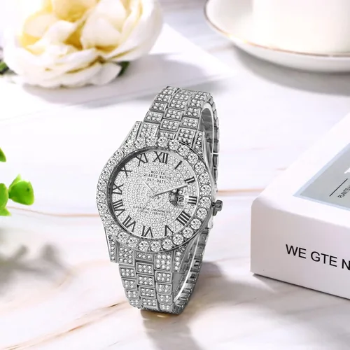Vista 5 de JewelryWe Mens Iced Out Watches Round Quartz Calendar Wristwatch Hip Hop Gold Plated Stainless Steel Dress Watch for Christmas