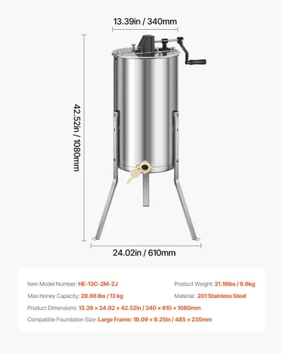 Vista 7 de VEVOR Extractor de miel, extractor manual de miel de 2 marcos con tapa transparente, tambor giratorio de acero inoxidable con soporte ajustable