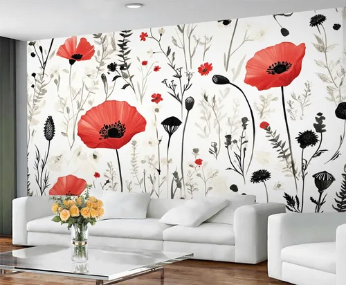 Vista 3 de Mural de pared floral retro, papel tapiz rústico floral de bar, flores abstractas 3D, impermeable, para cafetería, restaurante, sala de estar