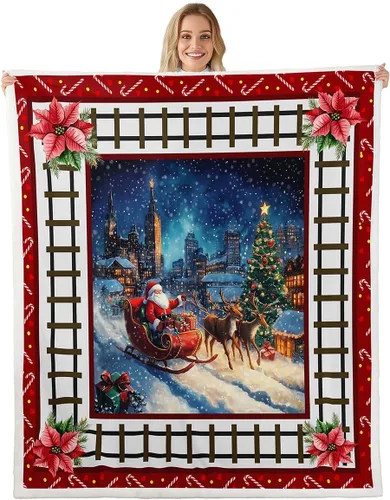 Vista 11 de Manta de cama Kawaii de Papá Noel, manta rústica de felpa con corona de Navidad para decoración rústica del hogar, manta de franela de flores rojas