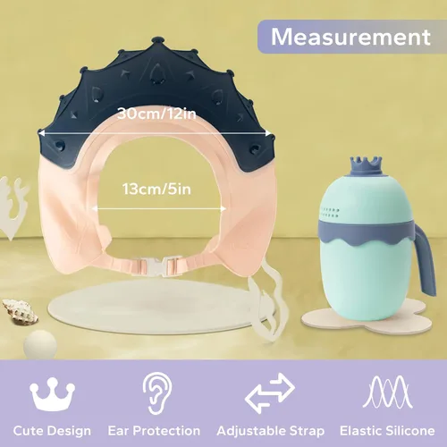 Vista 5 de FUNUPUP Gorro de ducha de bebé para niños con taza de enjuague de baño, ajustable para lavado de cabello de niños pequeños, sombrero de protección