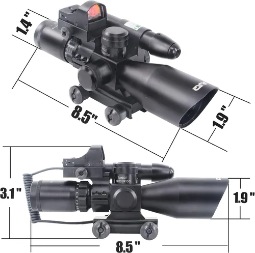 Vista 3 de UUQ 2.5-10x40 Mira telescópica combinada para rifle, retícula Mil-dot iluminada doble, con mini visor reflex de punto rojo de 3 MOA y visor láser