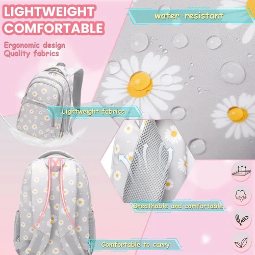 Vista 4 de YJMKOI Mochila con estampado de margaritas para niñas de secundaria y primaria, juego de mochila con lonchera (negro)
