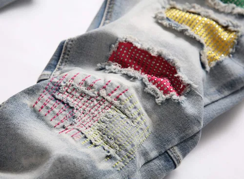 Vista 4 de Skinny Slim Fashion - Jeans elásticos para hombre, con agujeros rectos, estilo hip hop, para motociclista