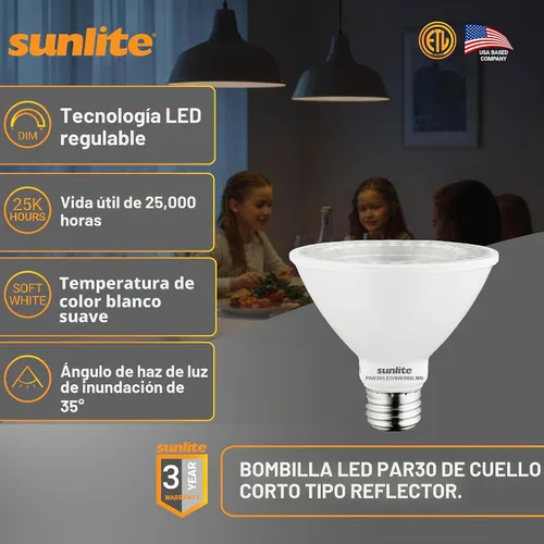 Vista 2 de Sunlite 40979-SU - Bombilla LED PAR30 de cuello corto, 9 vatios, (equivalente a 75 W), 750 lúmenes, base de tornillo medio (E26), regulable Blanco