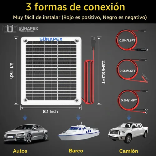 Vista 6 de SUNAPEX Cargador de batería solar de 5 vatios para coche, 12 voltios, impermeable, alimentado por energía solar, cargador y mantenedor, cargador