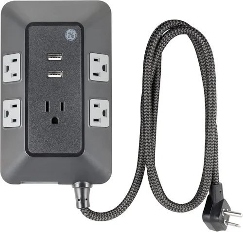 Vista 2 de GE UltraPro Adapt protector de sobretensiones de 5 tomas con puertos USB, 2 puertos USB-A, 2.4A, cable trenzado de 3 pies, regleta de alimentación