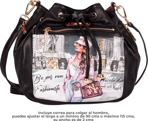 Vista 6 de Nicole Lee Sara is - Bolsa pequeña suave pero fuerte, cordón tachonado con diamantes negros y correa cruzada, 8 bolsillos, Sara es suave pero fuerte