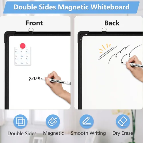 Vista 4 de Pizarra blanca magnética de doble cara, 16 x 12 pulgadas (negro) Dry Erase Board, Whiteboard for Wall Hanging Marker Board White Board Dry Erase