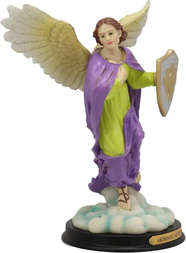 Vista 3 de Ebros Santo Arcángel Santo Selaphiel Sealtiel Llevando Escudo de Fe Estatua con Placa de Nombre de Latón 10 pulgadas de alto Ángel Selaphiel