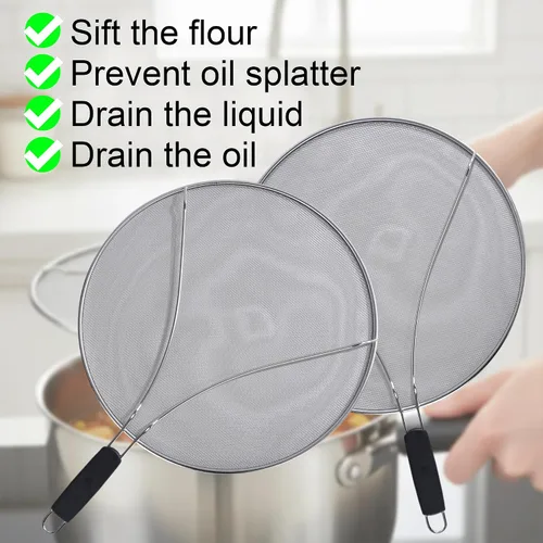 Vista 5 de Pantalla contra salpicaduras para sartén, protector de salpicaduras de grasa de acero inoxidable de 15 pulgadas con mango antideslizante, cubierta