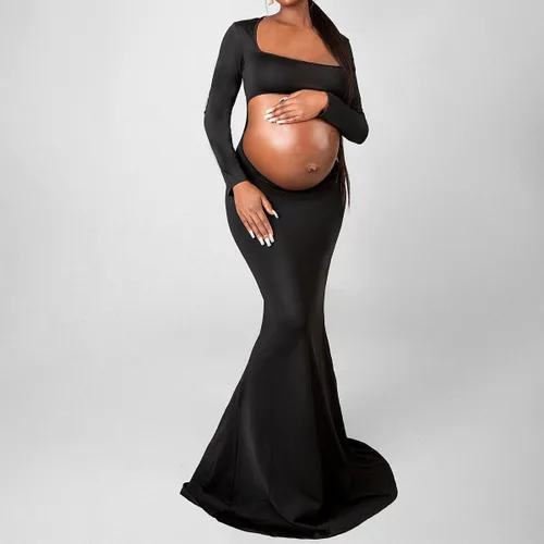 Vista 5 de AIFOTO Vestido de maternidad sexy expuesto vientre de manga larga sin espalda cuello cuadrado recortado vestidos de fotografía vestidos de sesión
