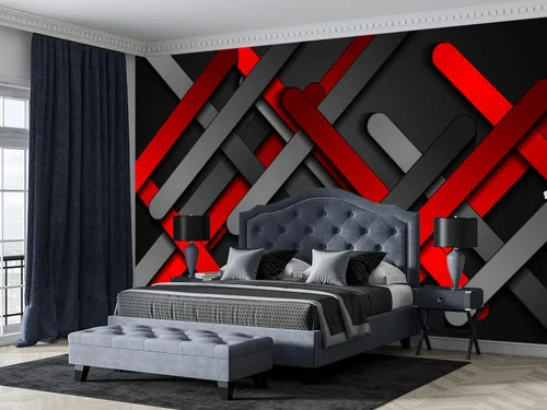 Vista 4 de Papel tapiz mural de pared 3D de metal rojo y negro para dormitorio, 137" x 100