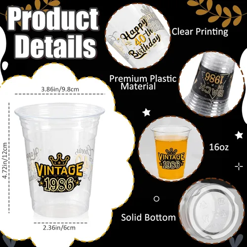 Vista 5 de 50 Piezas Vasos de Plástico para Fiesta de Cumpleaños 40 a Granel, 16 Oz Vasos de Beber Desechables de Plástico Transparente Negro Dorado