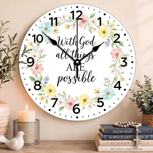 Vista 51 de Reloj de pared con versículo bíblico, con cita religiosa, reloj de madera, texto inspirador cristiano, reloj de madera rústico personalizado