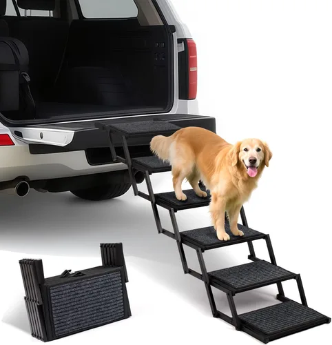 Vista 10 de Escaleras plegables para perros grandes, con superficie antideslizante, rampa ligera con capacidad para hasta 250 libras, 5 escalones