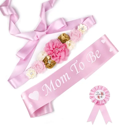 Vista 16 de Juego de decoraciones de baby shower con banda de texto en inglés "Mom to Be", regalo de fiesta de revelación de género para futuros padres