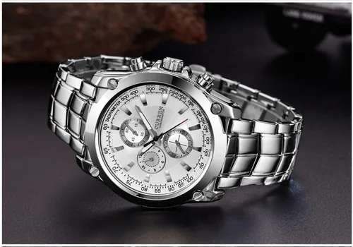 Vista 8 de CURREN Reloj deportivo original de acero inoxidable impermeable para hombre 8025 plateado y blanco, Moderno