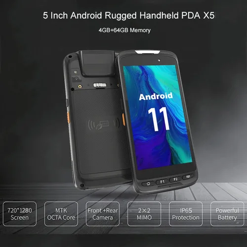 Vista 5 de Android 2D escáner de código de barras computadora móvil 5" PDA resistente de mano, Android 11, CPU Octa Core, 4GB RAM/64GB ROM, Wi-Fi inalámbrico