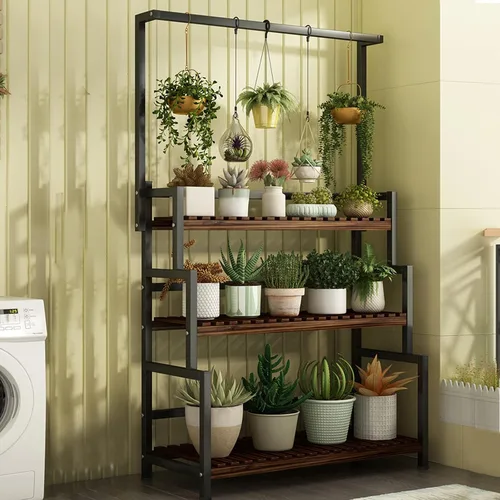 Vista 2 de Gdrasuya10 Soporte para plantas colgantes de metal negro de 3 niveles, estante de metal para macetas para jardín interior y exterior, soporte grande