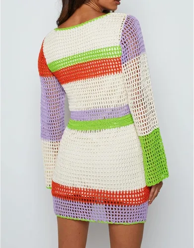 Vista 6 de Mini vestido de punto de ganchillo para mujer, manga larga, de malla colorida, casual, estilo suéter, para verano y playa