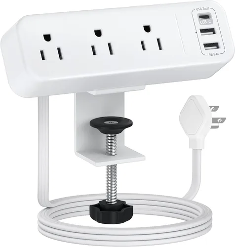 Vista 8 de Regleta de alimentación con abrazadera de escritorio de 3 salidas con USB C, enchufe plano negro abrazadera de borde de escritorio, enchufe