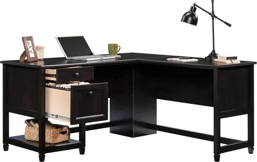 Vista 15 de Sauder Edge Water - Escritorio esquinero en forma de L con cajones de almacenamiento y estante abierto, en color negro