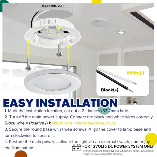 Vista 7 de Luces interiores de 12 V de bajo voltaje para debajo del gabinete, luz LED de disco regulable para cámper, remolque, RV, barco, luz de techo