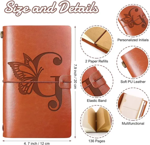 Vista 2 de Booson Diario de viaje inicial personalizado con mariposas, cuaderno de cuero, diario recargable, bloc de notas de escritura, monograma, regalo