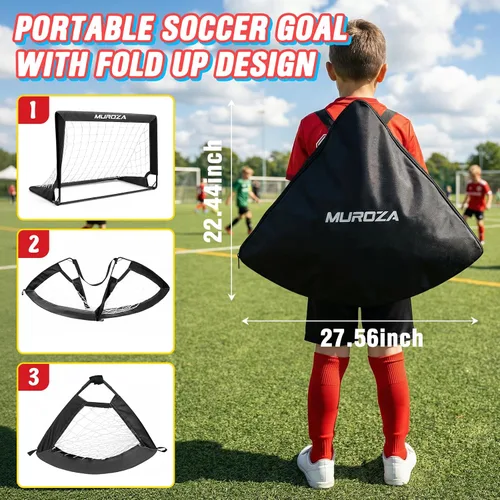 Vista 8 de Portería de fútbol para niños, juego de 2 unidades de red de fútbol portátil de 2 x 1.5 pies con pelota, conos, equipo de entrenamiento completo