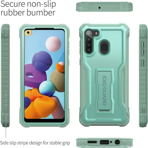 Vista 4 de ExoGuard Funda para Samsung Galaxy A21, funda de goma a prueba de golpes de cuerpo completo, protector de pantalla integrado y soporte compatible