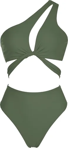 Vista 3 de OMKAGI Conjunto de bikini de cintura alta con corte de un hombro para mujer, traje de baño de 2 piezas