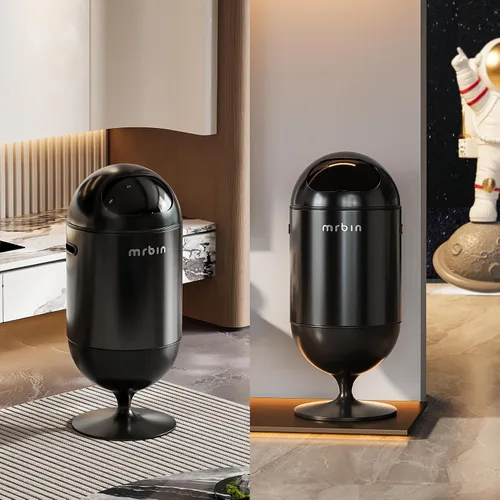 Vista 7 de MRBIN Bote de basura de metal con tapa, cesta de basura decorativa mediana de 5.3 galones / 20 litros, basura redonda alta con patas altas para Negro
