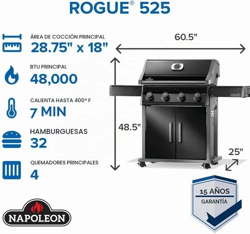 Vista 3 de Napoleon Rogue 525 Parrilla de Gas Natural, Negra, Rejillas de Acero Inoxidable, Barbacoa Resistente de 4 Mecheros