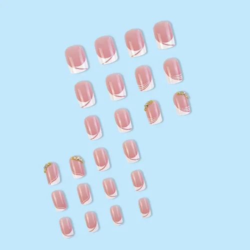Vista 3 de LPOODDNU Uñas postizas cortas de punta francesa a presión, uñas postizas cuadradas, uñas acrílicas rosas con diamantes de imitación, puntas de uñas