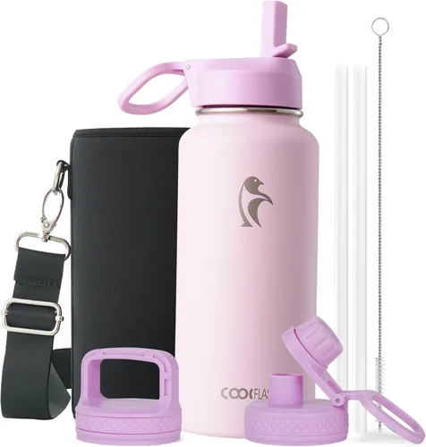 Vista 32 de Coolflask Botella de agua de 20 onzas aislada con pajilla, 3 tapas de metal de acero inoxidable, botella de agua de boca ancha para deportes u