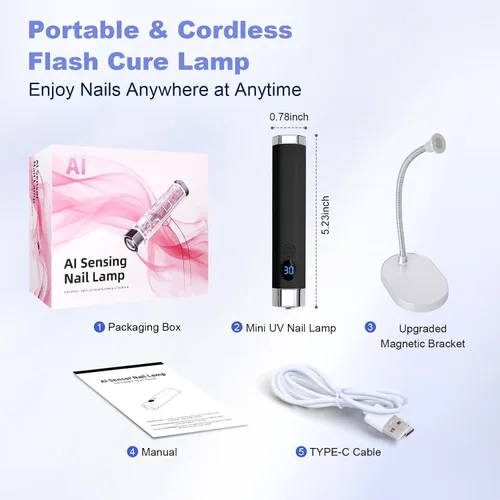 Vista 7 de Mini lámpara de uñas UV de mano, luz de curación flash portátil con soporte magnético mejorado y sensor inteligente, secador de uñas recargable