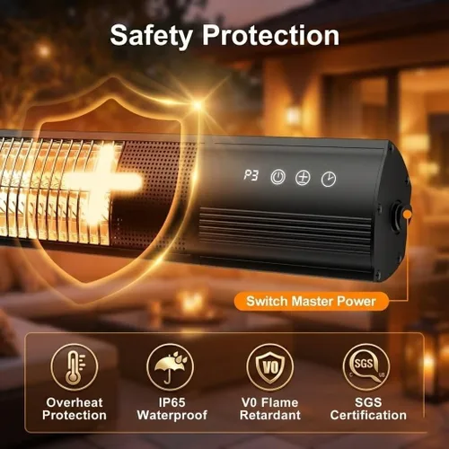 Vista 5 de Calentador eléctrico para patio, calentador de pared de 1500 W con control remoto y temporizador de 24 horas, calentador infrarrojo de carbono