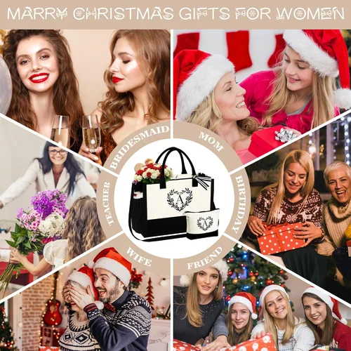 Vista 10 de YOOLIFE Regalos para mujeres – Bolsa de playa con monograma inicial con bolsa de maquillaje, día de la madre, regalos de cumpleaños para mujeres