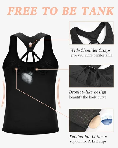 Vista 5 de RUNNING GIRL Camisetas sin mangas de yoga para mujer brasier integrado camisetas atléticas recortadas de talla grande Negro