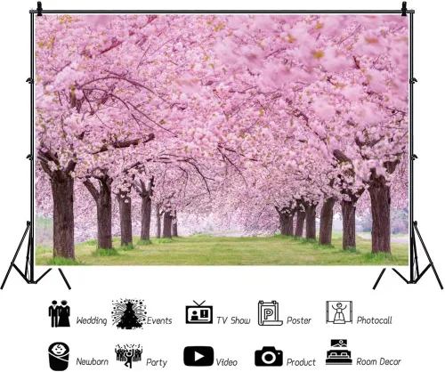 Vista 2 de Telón de fondo de flores de cerezo para fotografía 5x3 pies, paisaje primaveral de cerezo en flor, boda, despedida de soltera, fondo para retratos