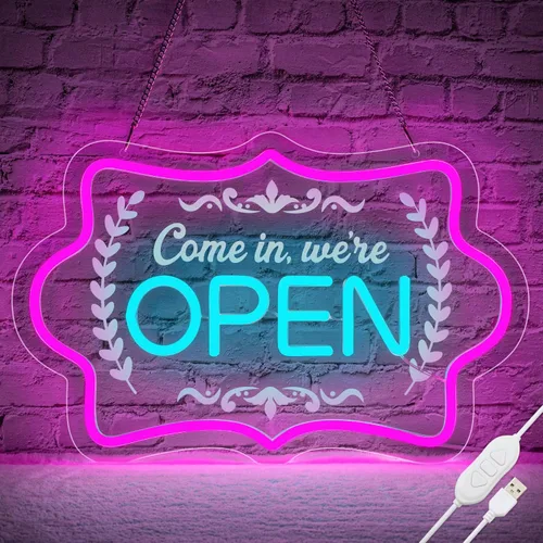 Vista 9 de XIYUNTE Letreros de Neón Abiertos Regulables con LED Brillante, Letrero Alimentado por USB o Batería para Ventana de Negocio Cafetería Tienda