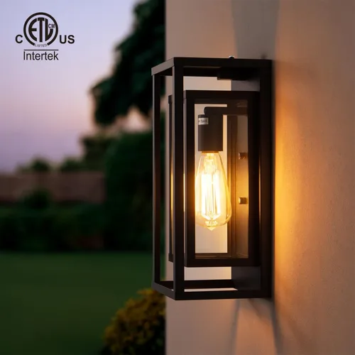 Vista 2 de mirrea Aplique de pared para exteriores de 14 pulgadas, 1 luz en negro mate, marco de metal rectangular y pantalla de vidrio transparente, luz