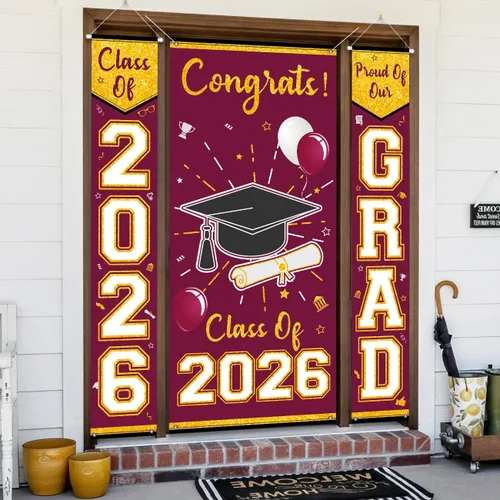 Vista 7 de Letrero de graduación granate y dorado para porche, decoración de graduación de Calss of 2026, 3 unidades, pancarta de graduación Cartel